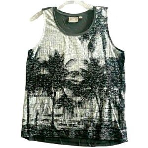 Dantelle Tank Top Womens Medium Gray White Palm Trees Sequin Front